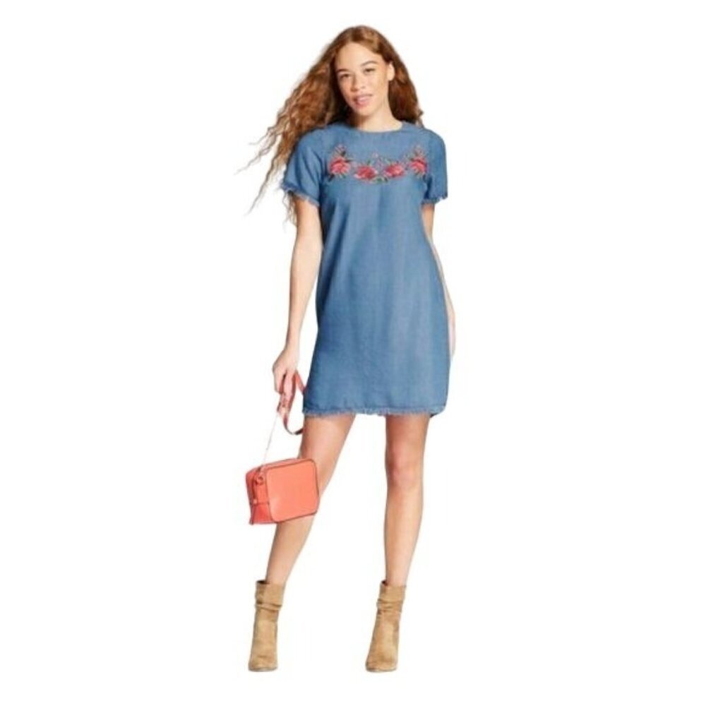 Alison Andrews Womens Shift Dress Size Large Tencel Embroidered Chambray Frayed